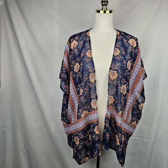 Love Tree Tops - Love Tree Floral Blue/Orange Kimono Sz Large Boho Hippie Cottagecore Summer
